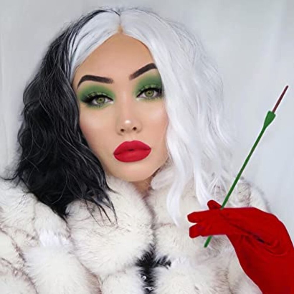 Black and White Cruella Deville Wig for Women Cruella Deville Costume Short Curl